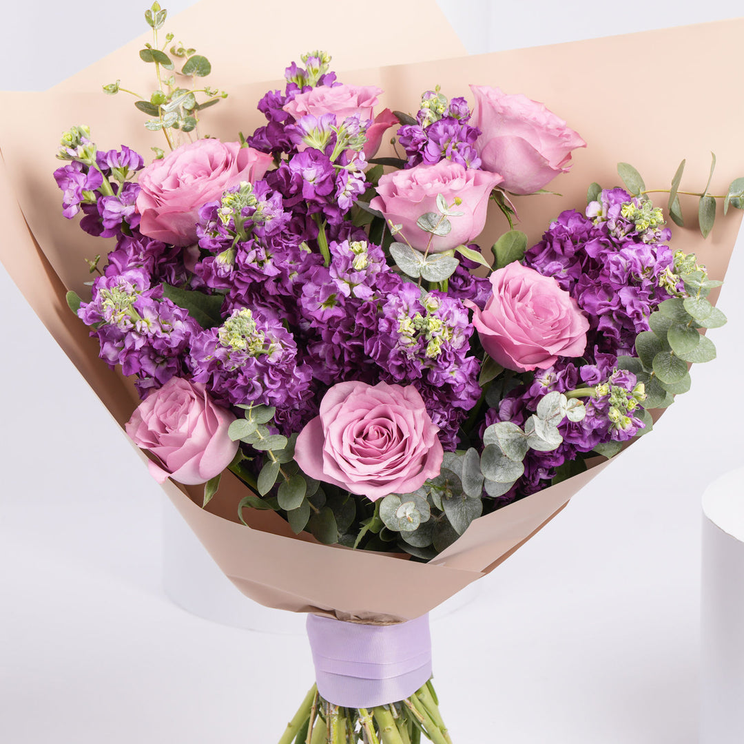 Elegant Purple Flower Bouquet with Roses and Eucalyptus