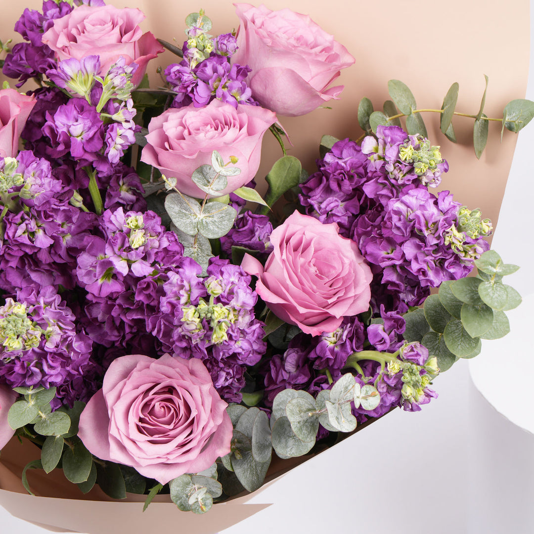 Elegant Purple Flower Bouquet with Roses and Eucalyptus