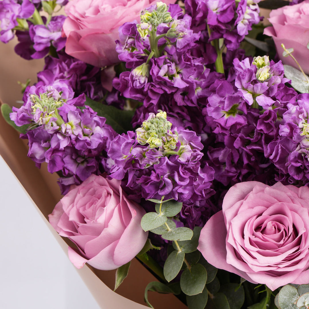 Elegant Purple Flower Bouquet with Roses and Eucalyptus