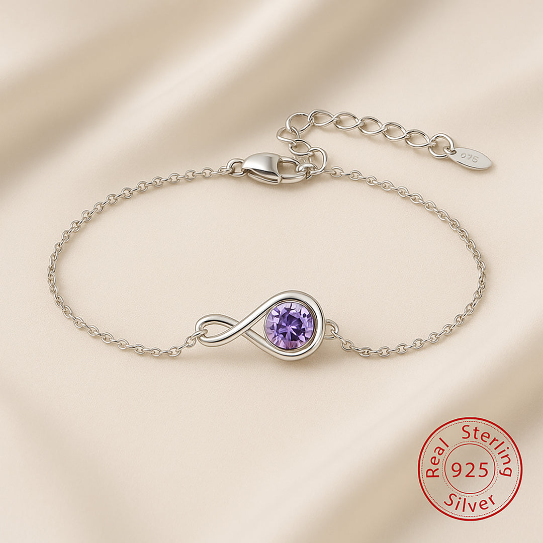 سوار فضي بتصميم لا نهائي بحجر بنفسجي لامع