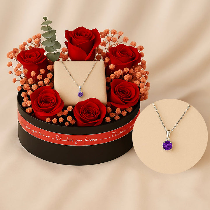 Purple Glow silver necklace With Lovely Roses Arrangement