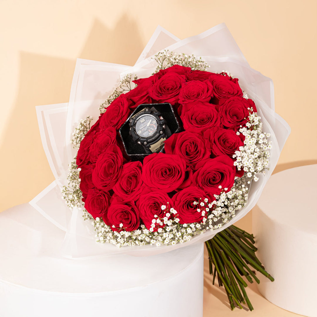 باقة ورود حمراء فاخرة مع ساعة CASIO G-Shock Mudmaster للرجال