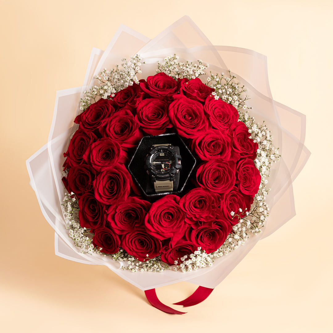 باقة ورود حمراء فاخرة مع ساعة CASIO G-Shock Mudmaster للرجال