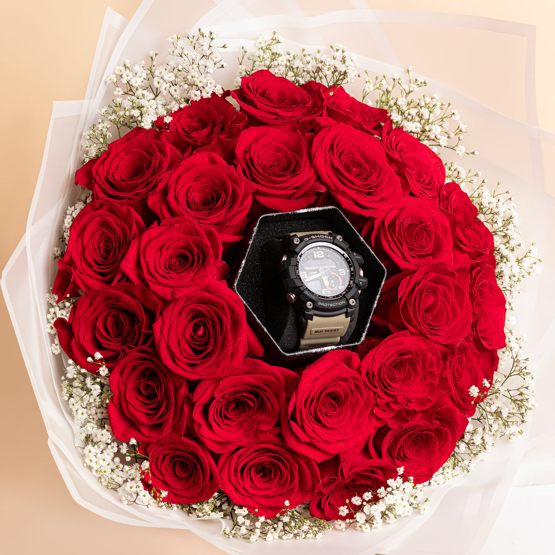 باقة ورود حمراء فاخرة مع ساعة CASIO G-Shock Mudmaster للرجال