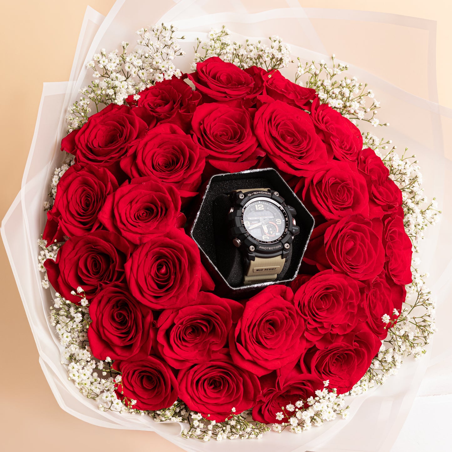 Red Rose Bouquet With CASIO G-Shock Mudmaster For Men