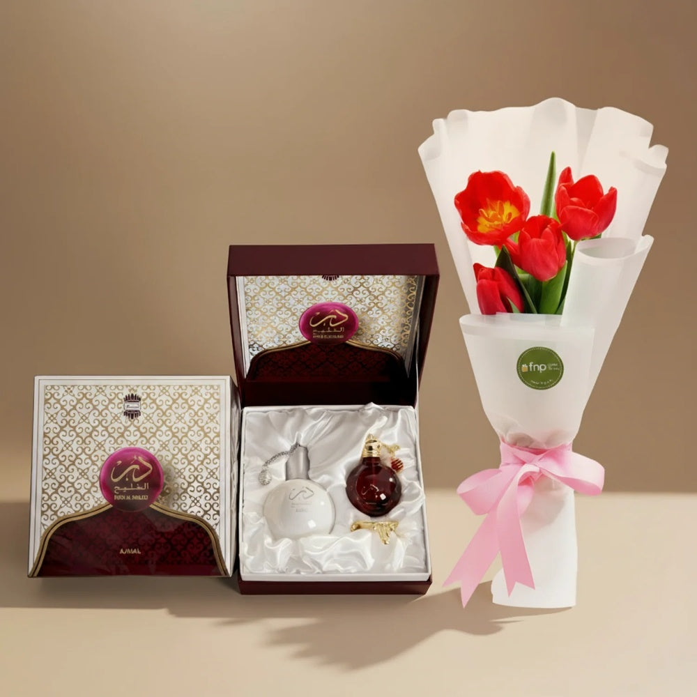 Elegant Gift Set: Red Tulips and Ajmal Perfumes Dur Al Khaleej Collection