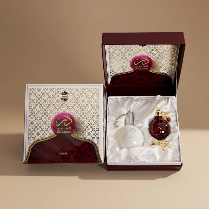 Elegant Gift Set: Red Tulips and Ajmal Perfumes Dur Al Khaleej Collection