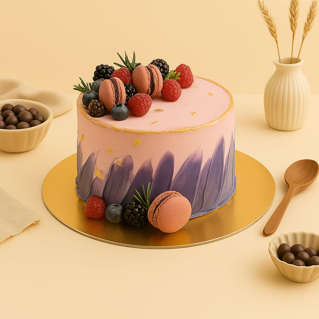 Gourmet Red Velvet Dream Cake with Fresh Berries and Macarons