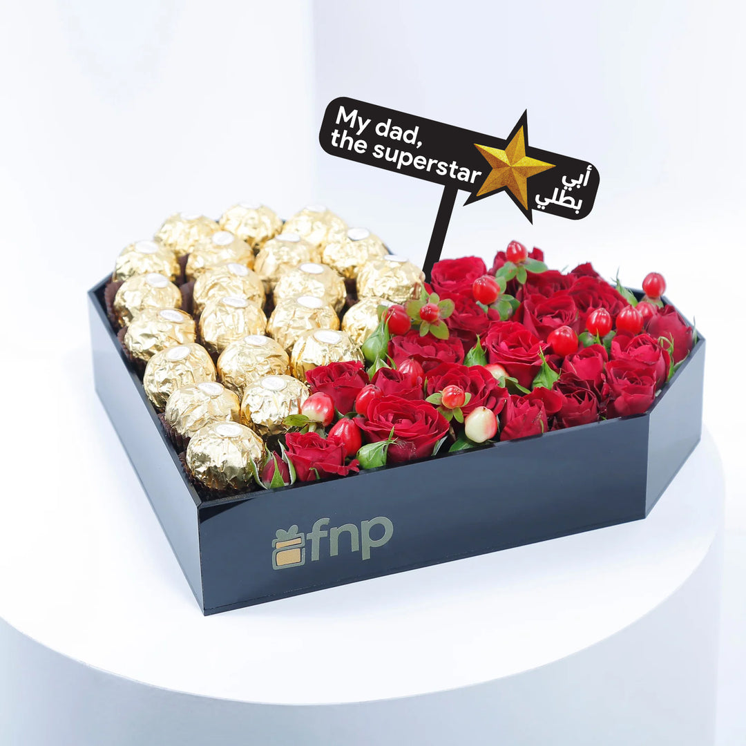 علبة قلبية رومانسية لعيد الأب مع الورود وفيريرو روشيه