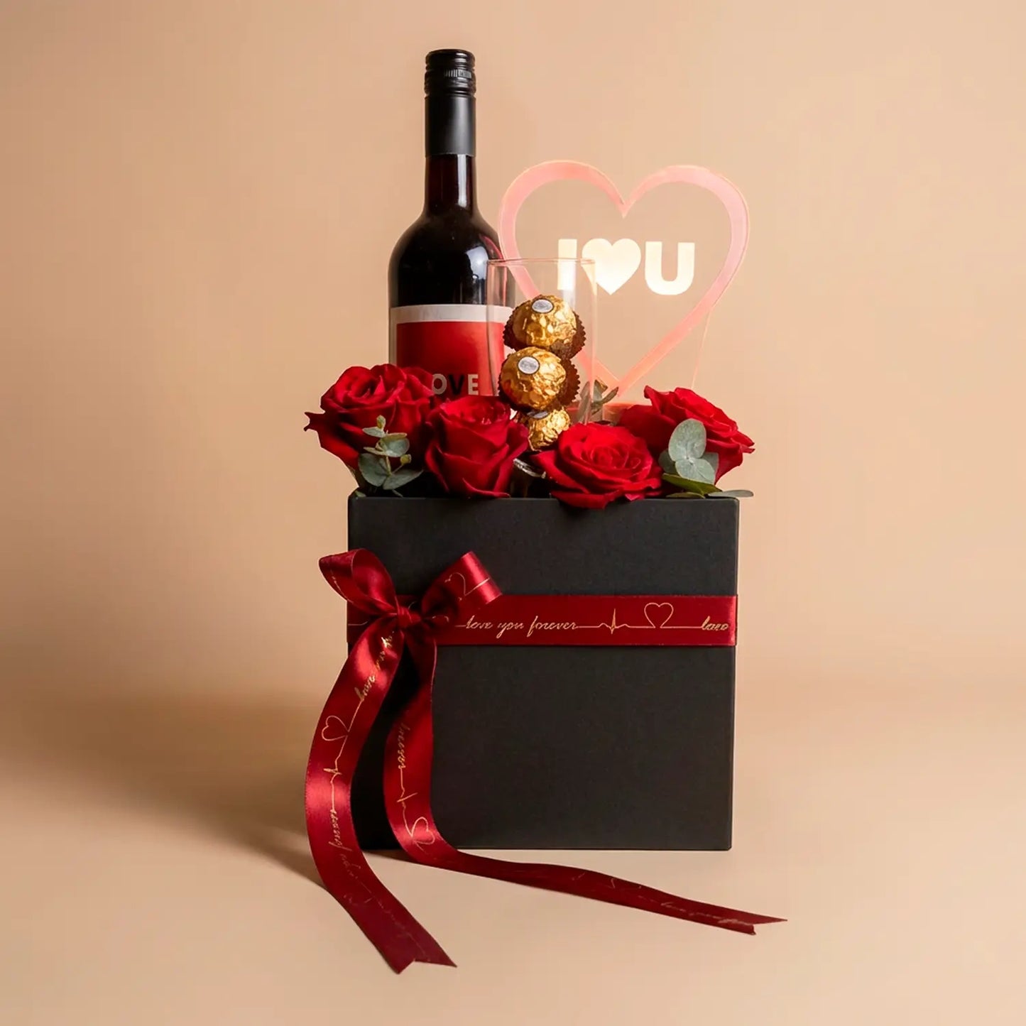 Elegant Romance Gift Box with Roses, Wine, and Chocolates