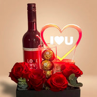 Elegant Romance Gift Box with Roses, Wine, and Chocolates