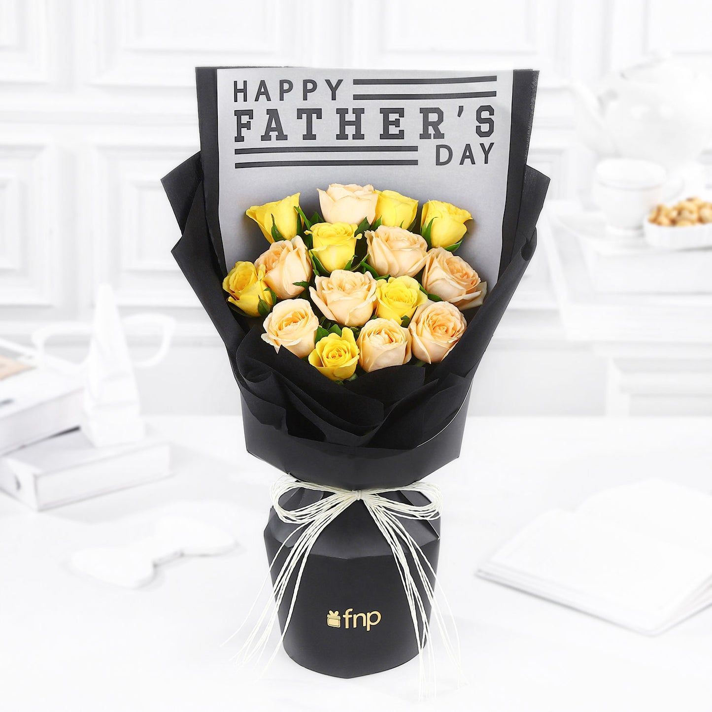 Elegant Rosey Father's Day Special Bouquet - Premium Peach and Yellow Roses