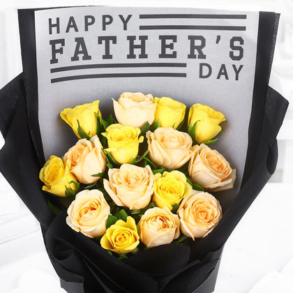 Elegant Rosey Father's Day Special Bouquet - Premium Peach and Yellow Roses