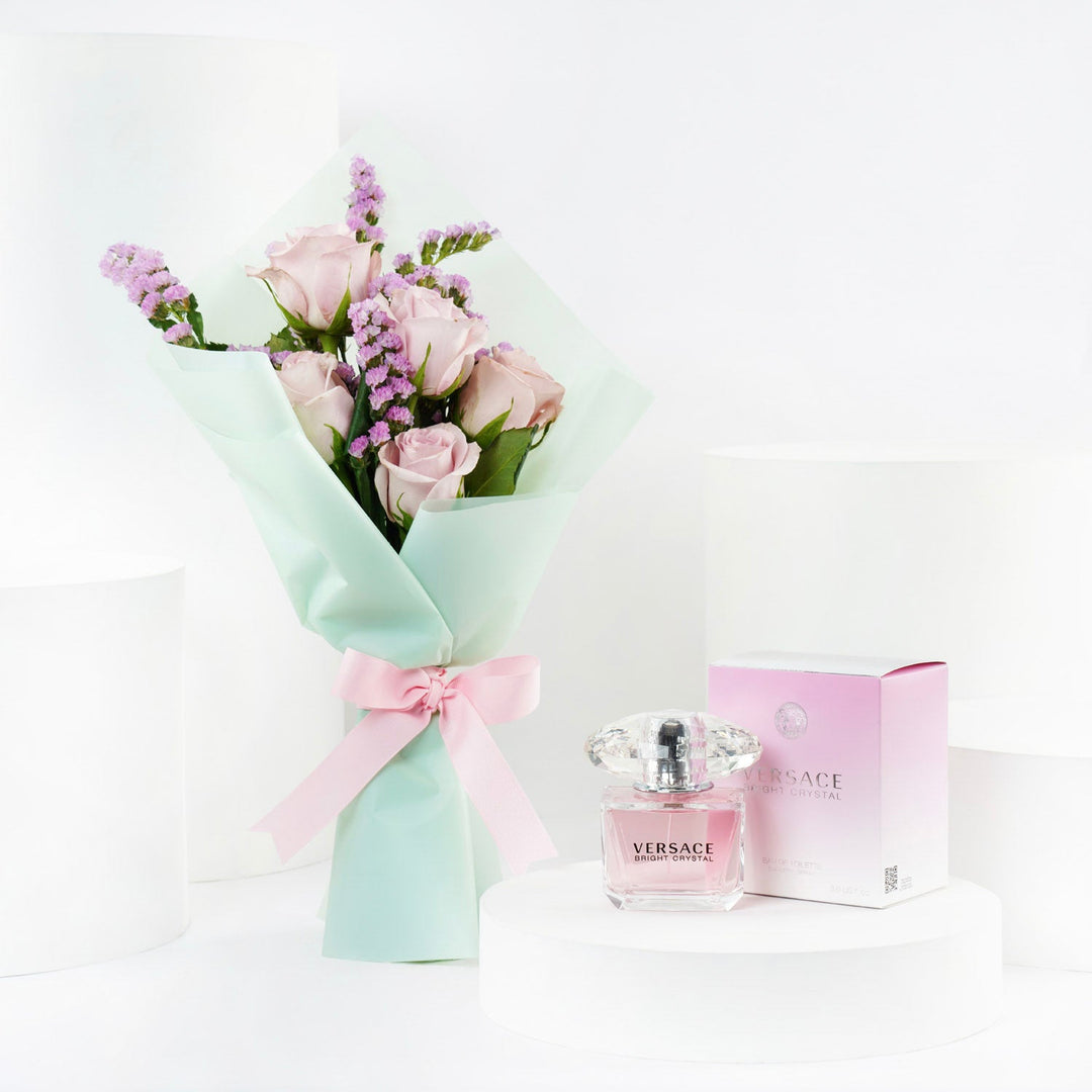 Rosy Love with Versace: Elegant Pink Rose Bouquet & Versace Bright Crystal Perfume