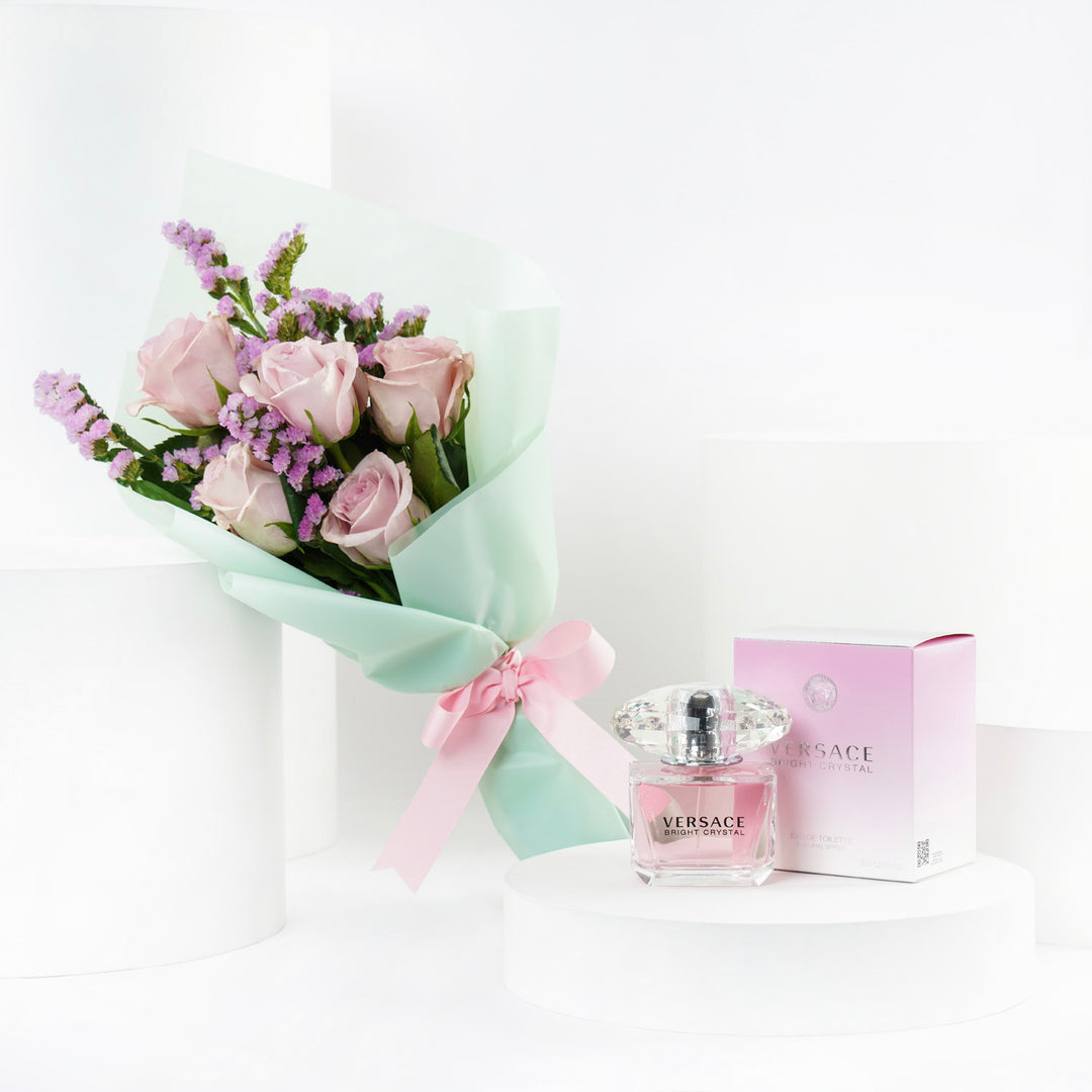 Rosy Love with Versace: Elegant Pink Rose Bouquet & Versace Bright Crystal Perfume