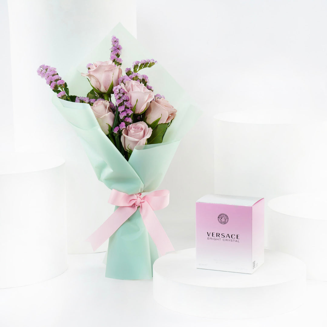 Rosy Love with Versace: Elegant Pink Rose Bouquet & Versace Bright Crystal Perfume