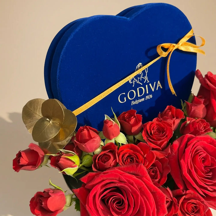 Royal Blue Heart Romance: Exquisite Roses & Godiva Chocolates