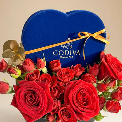 Royal Blue Heart Romance: Exquisite Roses & Godiva Chocolates