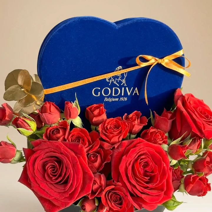 Royal Blue Heart Romance: Exquisite Roses & Godiva Chocolates