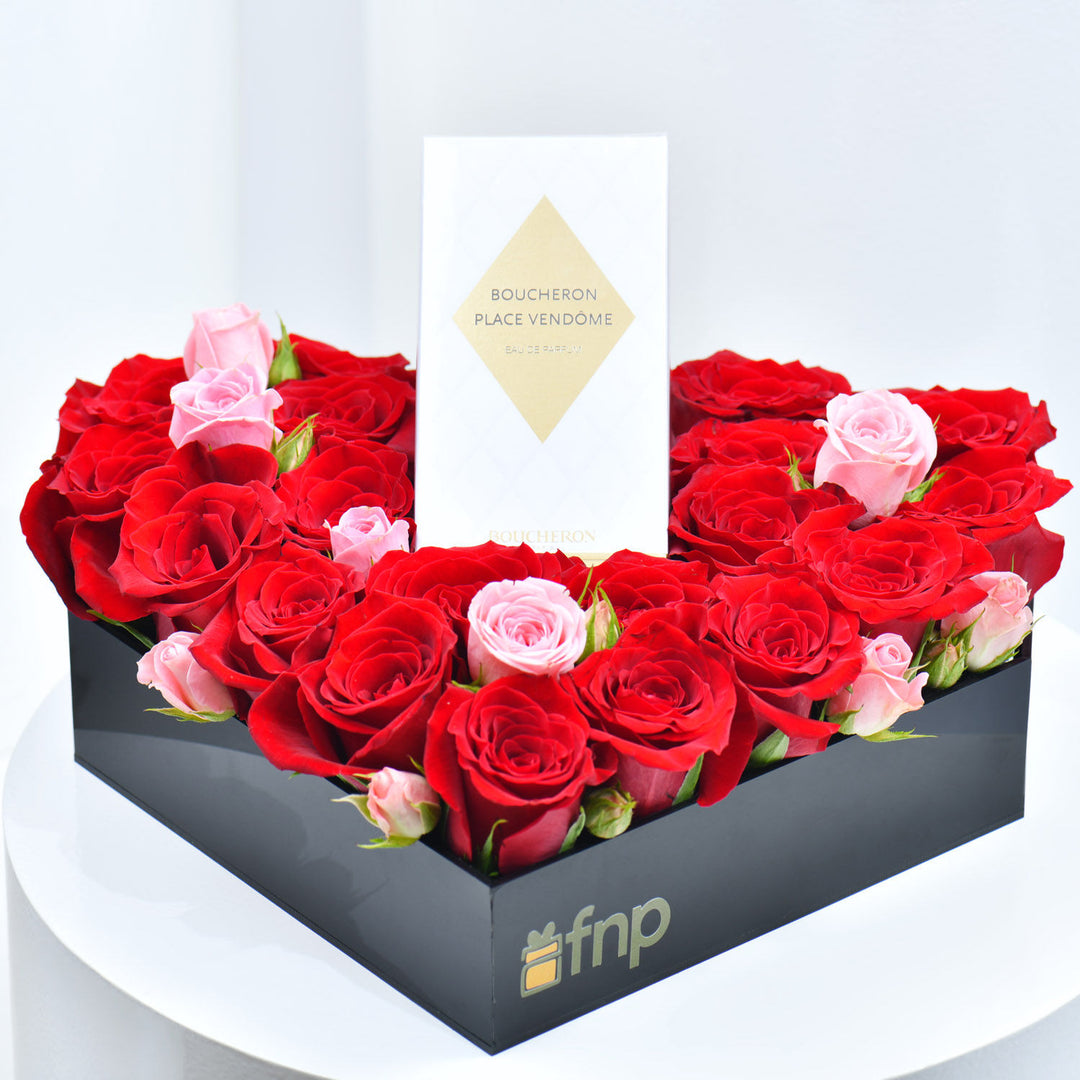 Luxurious Heart Box of Royal Red Roses & Place Vendôme Boucheron Perfume Gift Set
