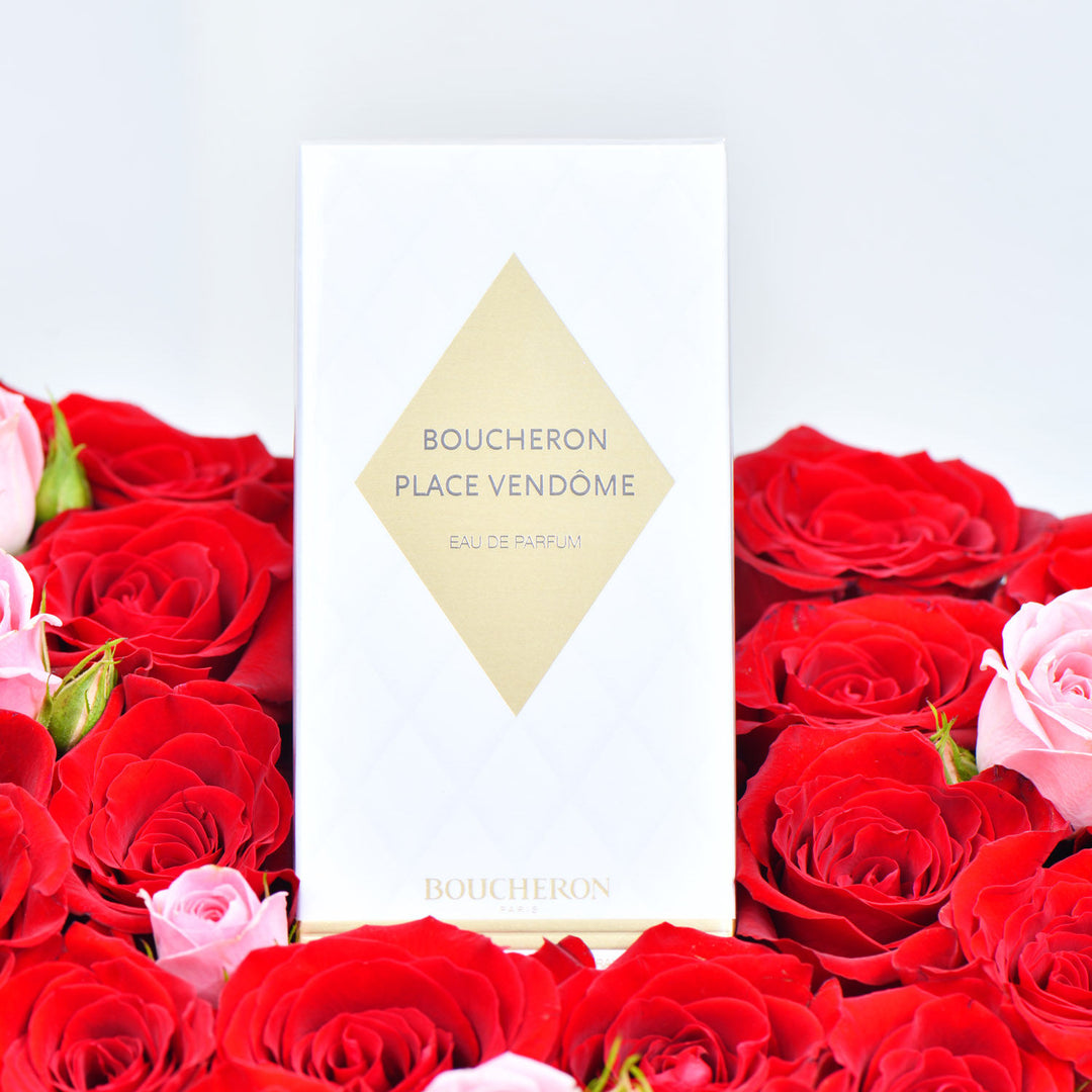 Luxurious Heart Box of Royal Red Roses & Place Vendôme Boucheron Perfume Gift Set