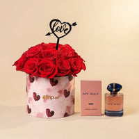 باقة الحب: 15 وردة حمراء مع عطر جورجيو أرماني