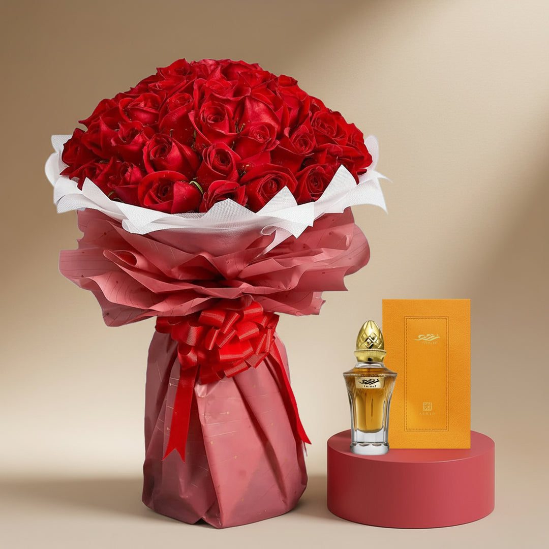 Scented Bloom Symphony: Luxurious Red Rose Bouquet with Aayah AL Maghribi Perfume