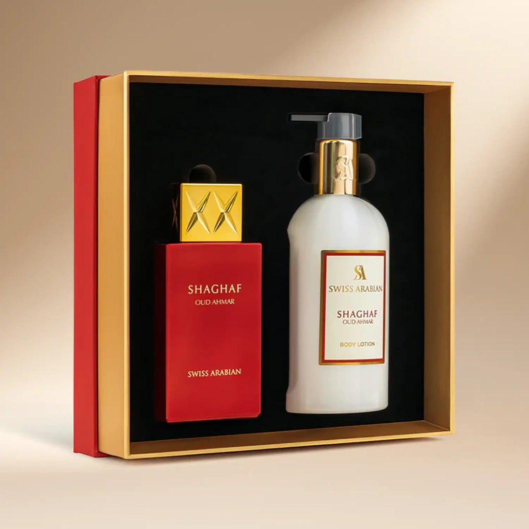 رومانسية أبدية: باقة ورود وردية وحمراء مع طقم هدية شغف عود أحمر