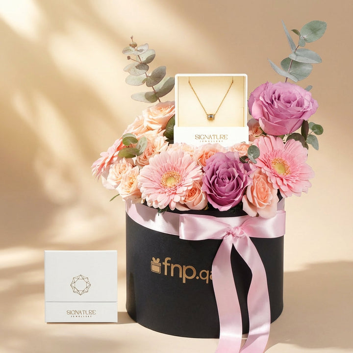 Signature Golden Roman Barrel Necklace with Floral Delight Gift Box