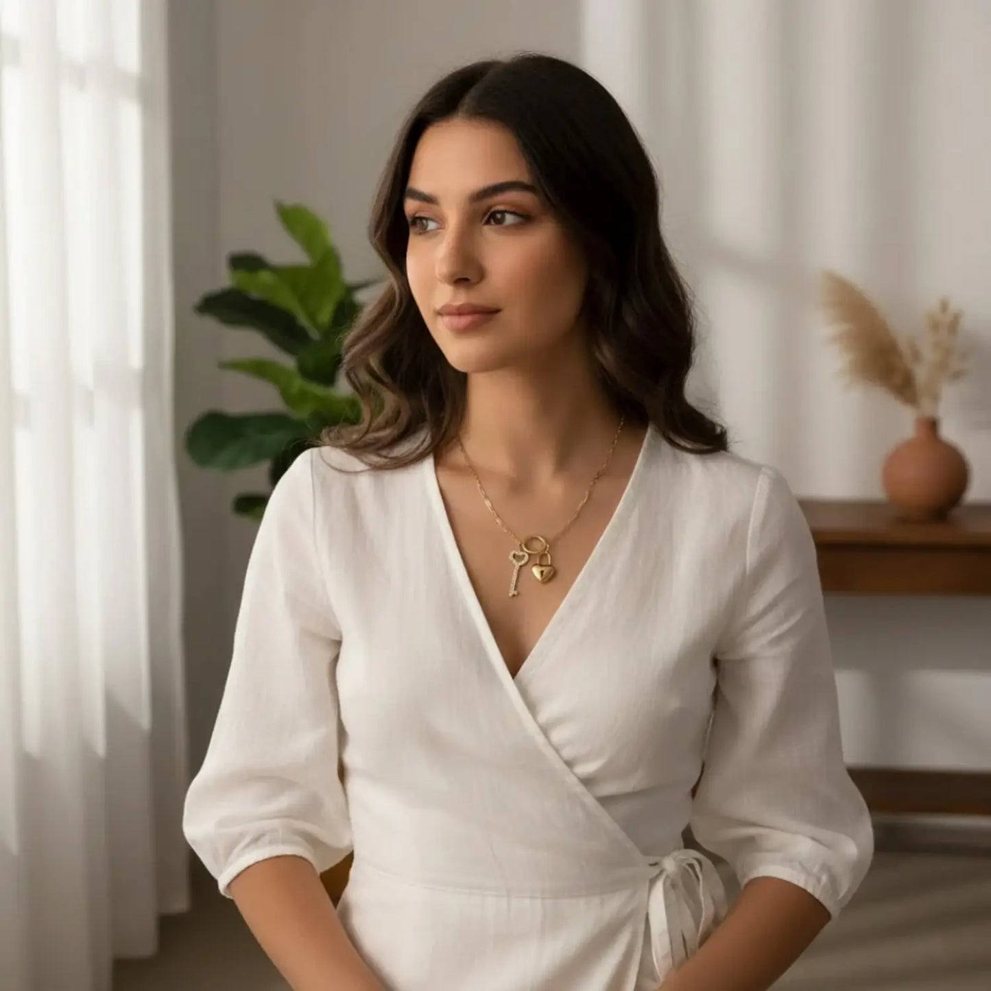 قلادة قفل ومفتاح مطلية بالذهب - مجوهرات رومانسية