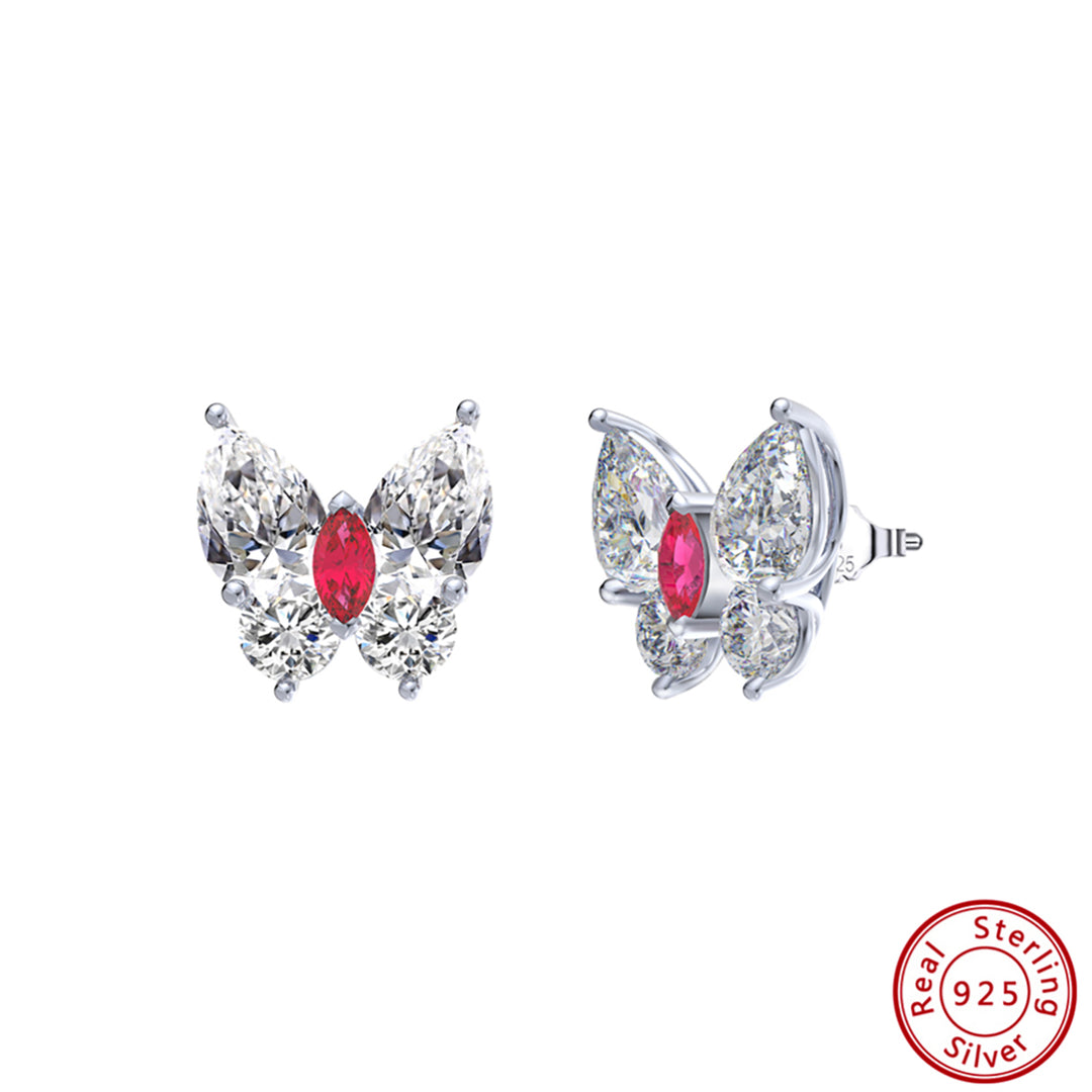 أقراط فراشة فضية أنيقة بكريستال وزينة ماركيز حمراء