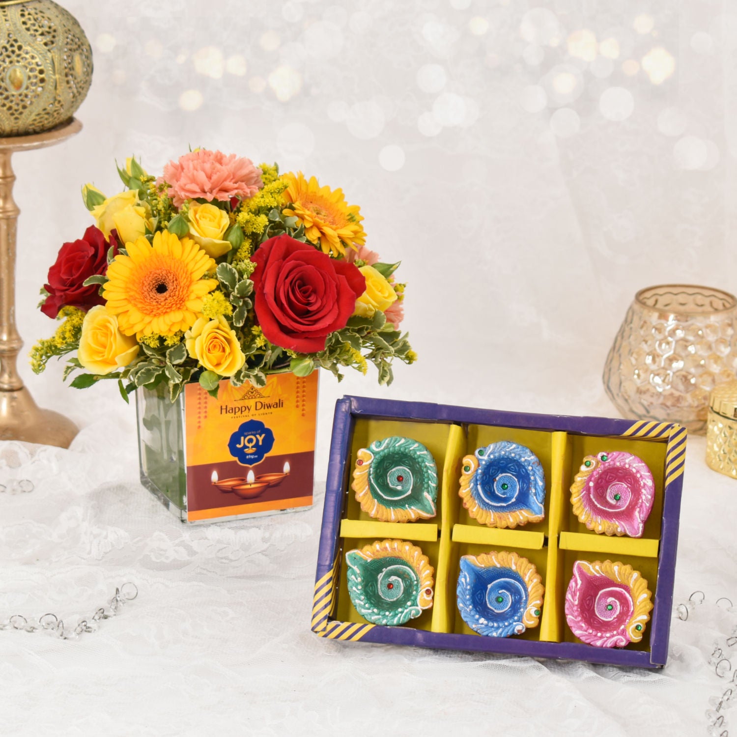 Sparks of Joy Deepavali Flower Arrangement and Diyas