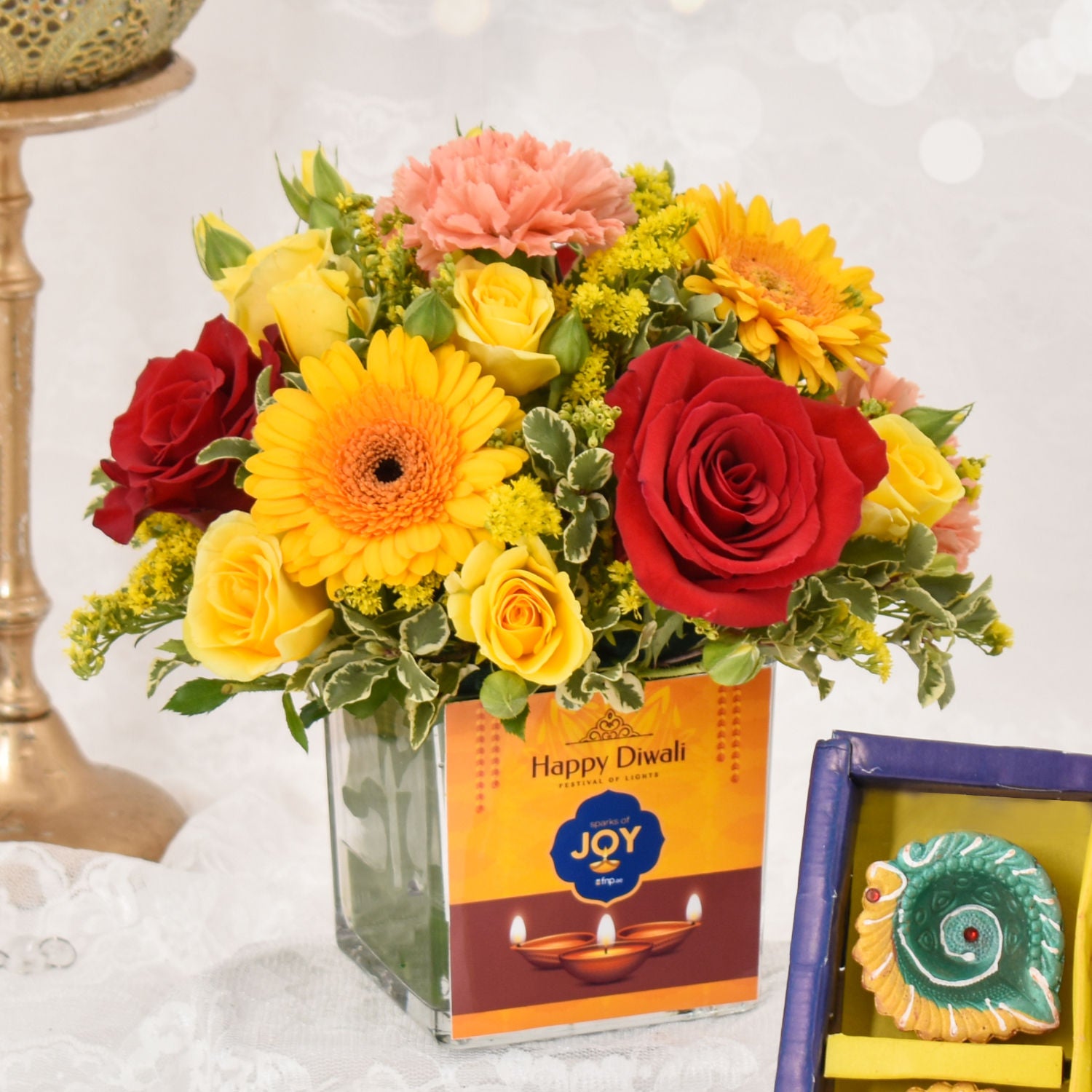 Sparks of Joy Deepavali Flower Arrangement and Diyas
