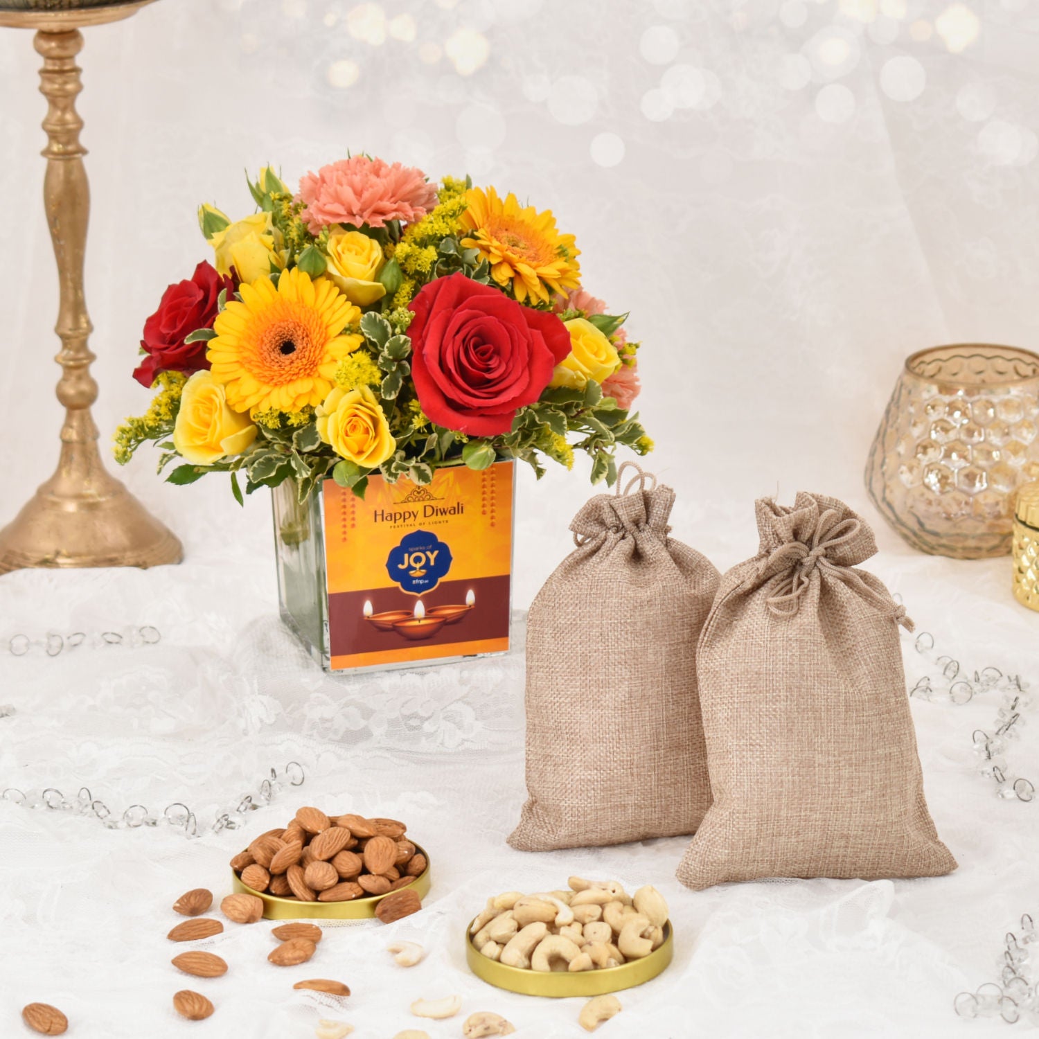 Sparks of Joy Deepavali Flower Arrangement and Nuts
