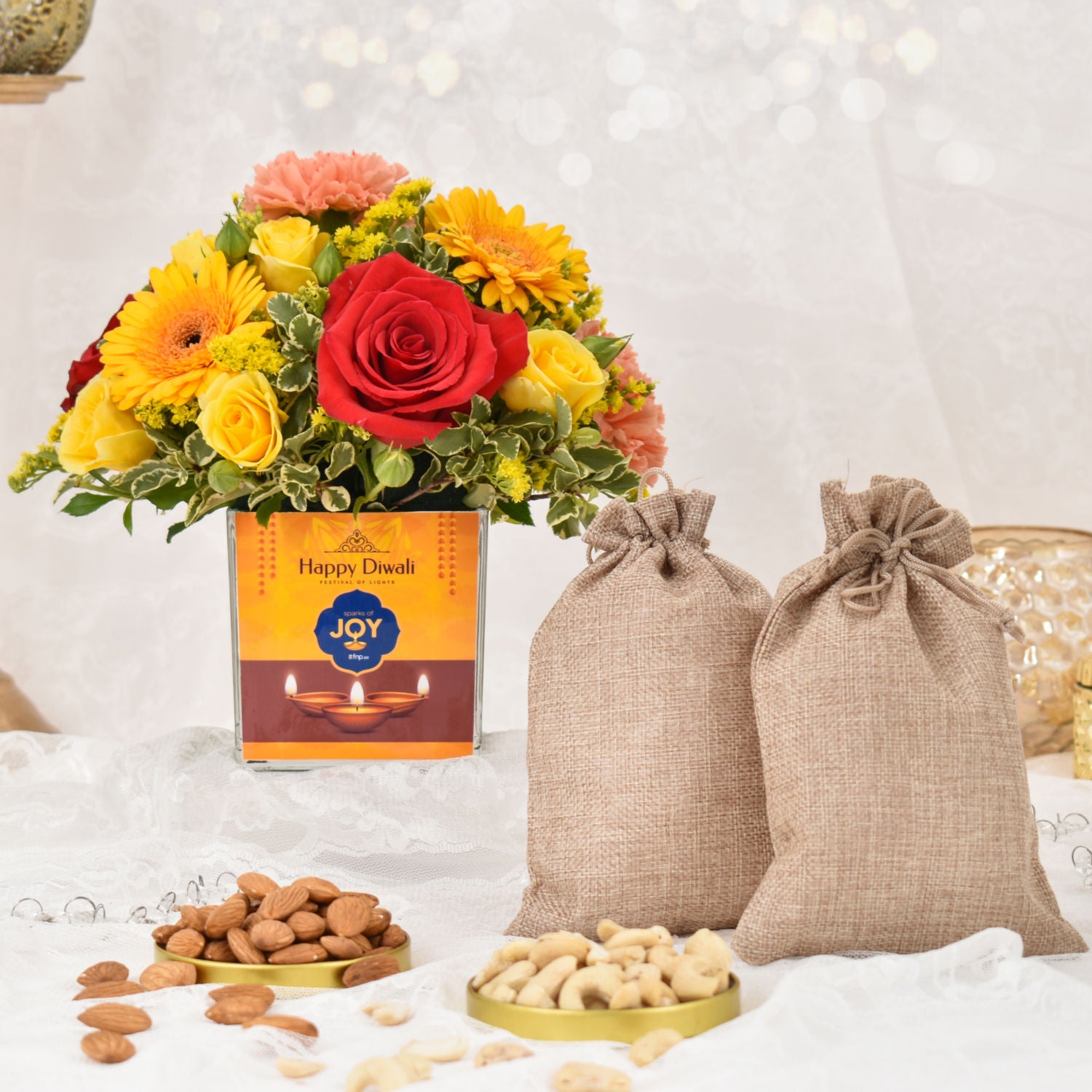 Sparks of Joy Deepavali Flower Arrangement and Nuts
