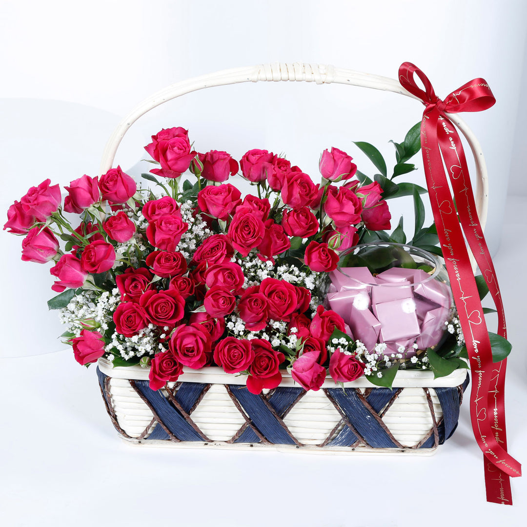 Elegant Basket with Dark Pink Spray Roses and Gourmet Chocolates