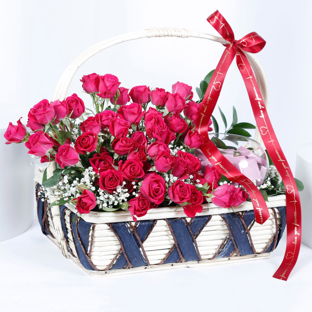 Elegant Basket with Dark Pink Spray Roses and Gourmet Chocolates