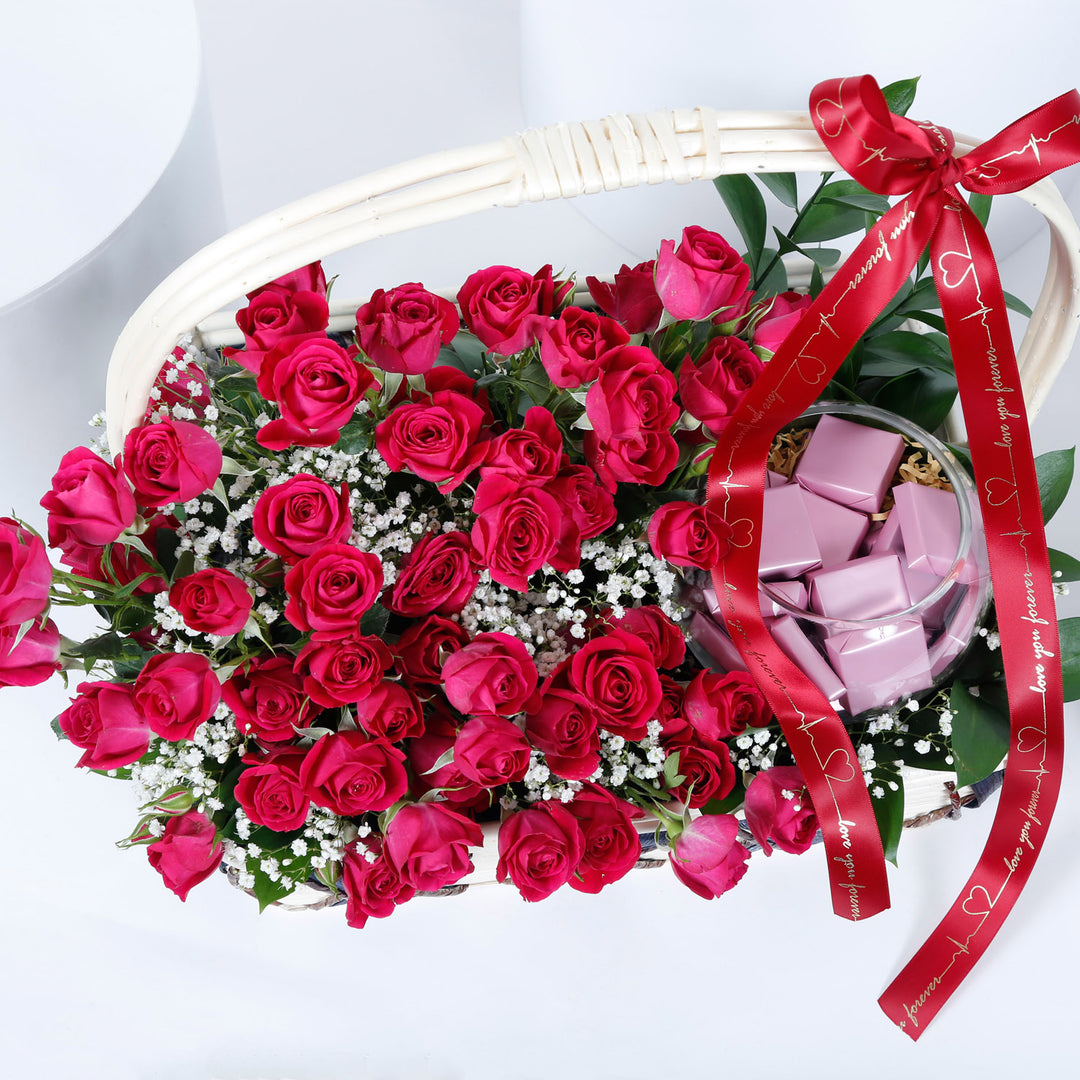 Elegant Basket with Dark Pink Spray Roses and Gourmet Chocolates