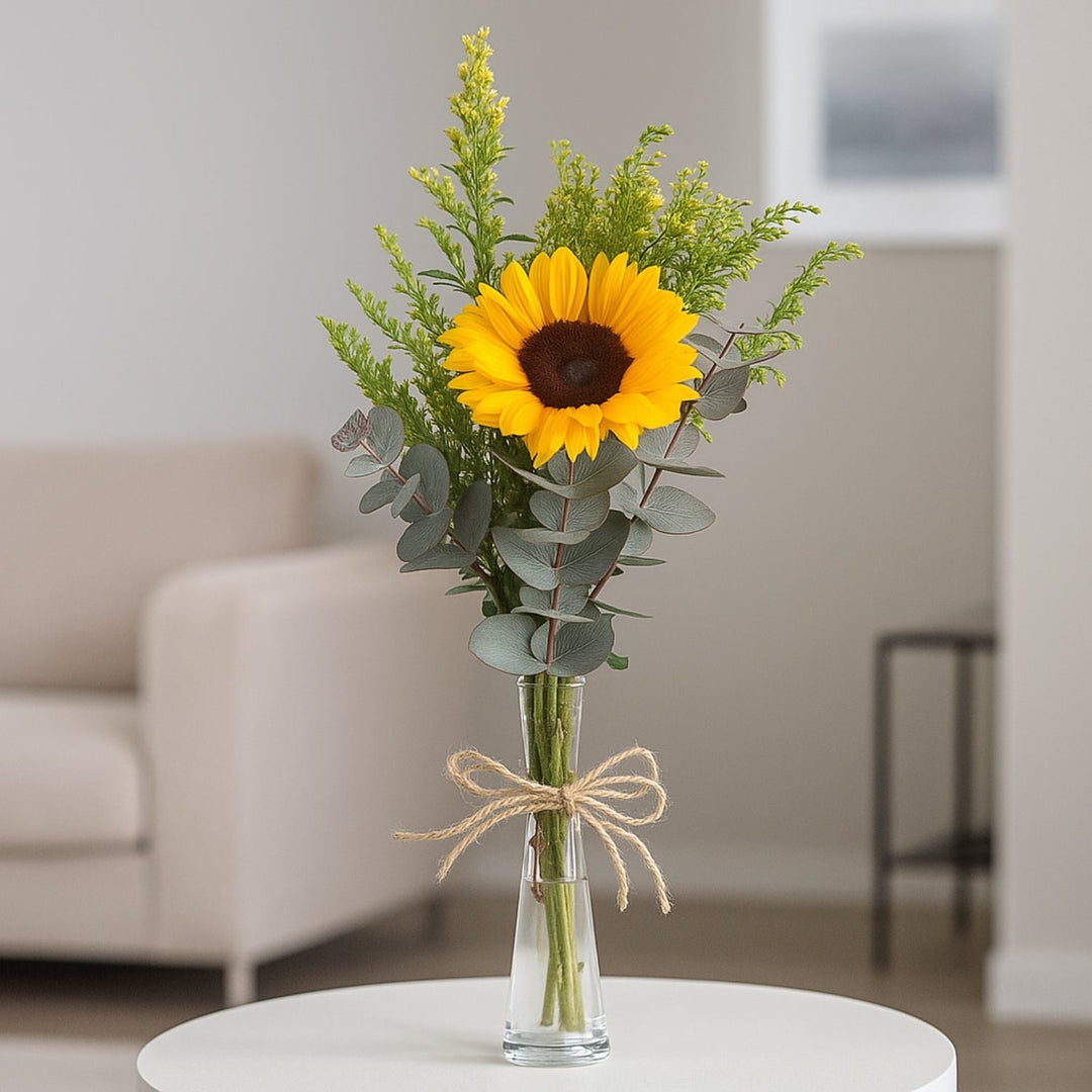 Elegant Sun-Kissed Sunflower Arrangement with Eucalyptus and Solidago