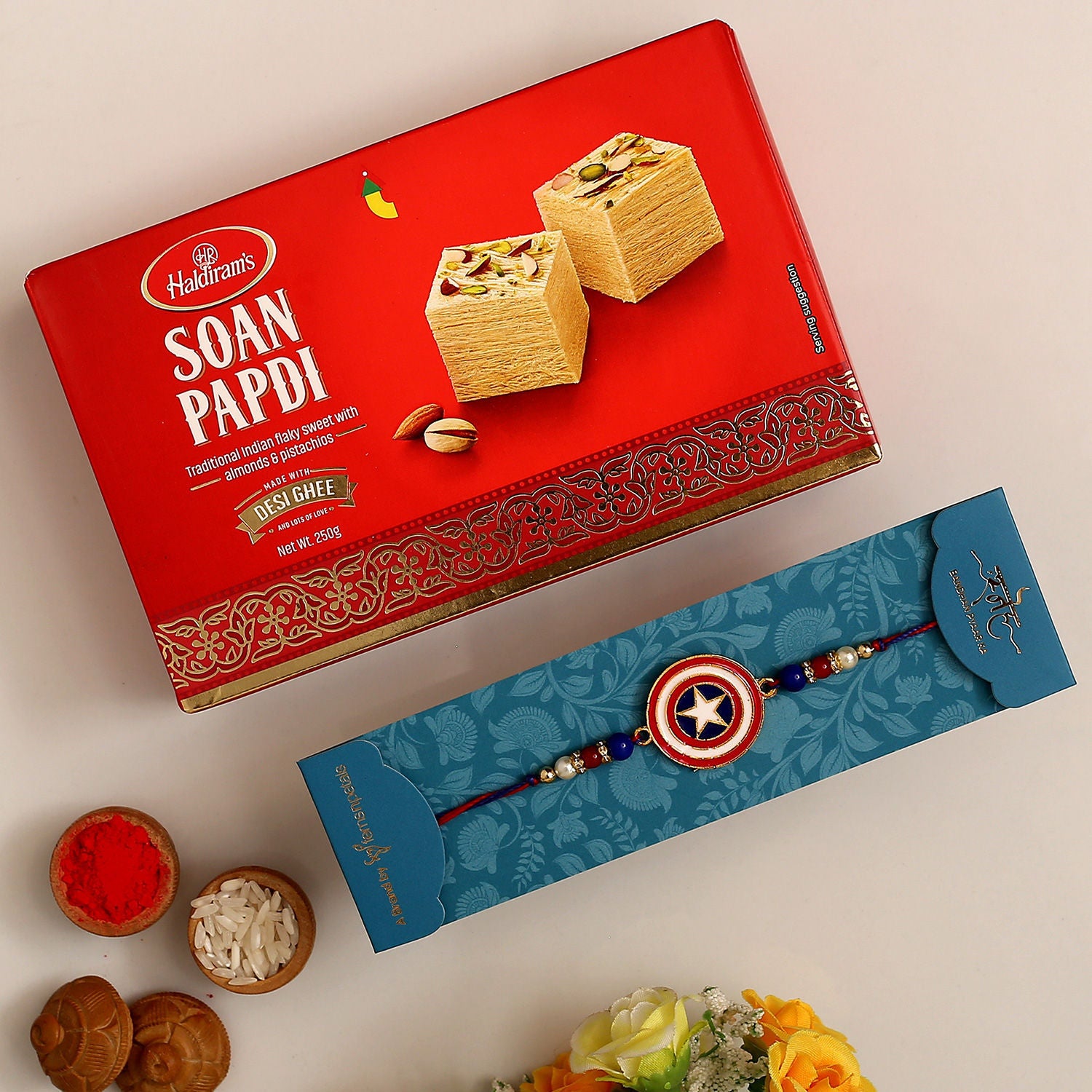 Superhero Captain America Rakhi For Kids With 250 Gms Soan Papdi