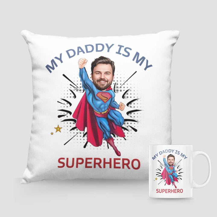 Custom Superhero Caricature Cushion and Mug Set for Dad