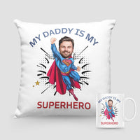 Custom Superhero Caricature Cushion and Mug Set for Dad