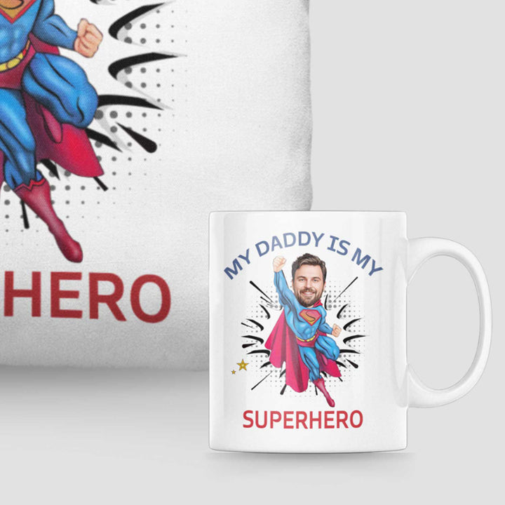 Custom Superhero Caricature Cushion and Mug Set for Dad