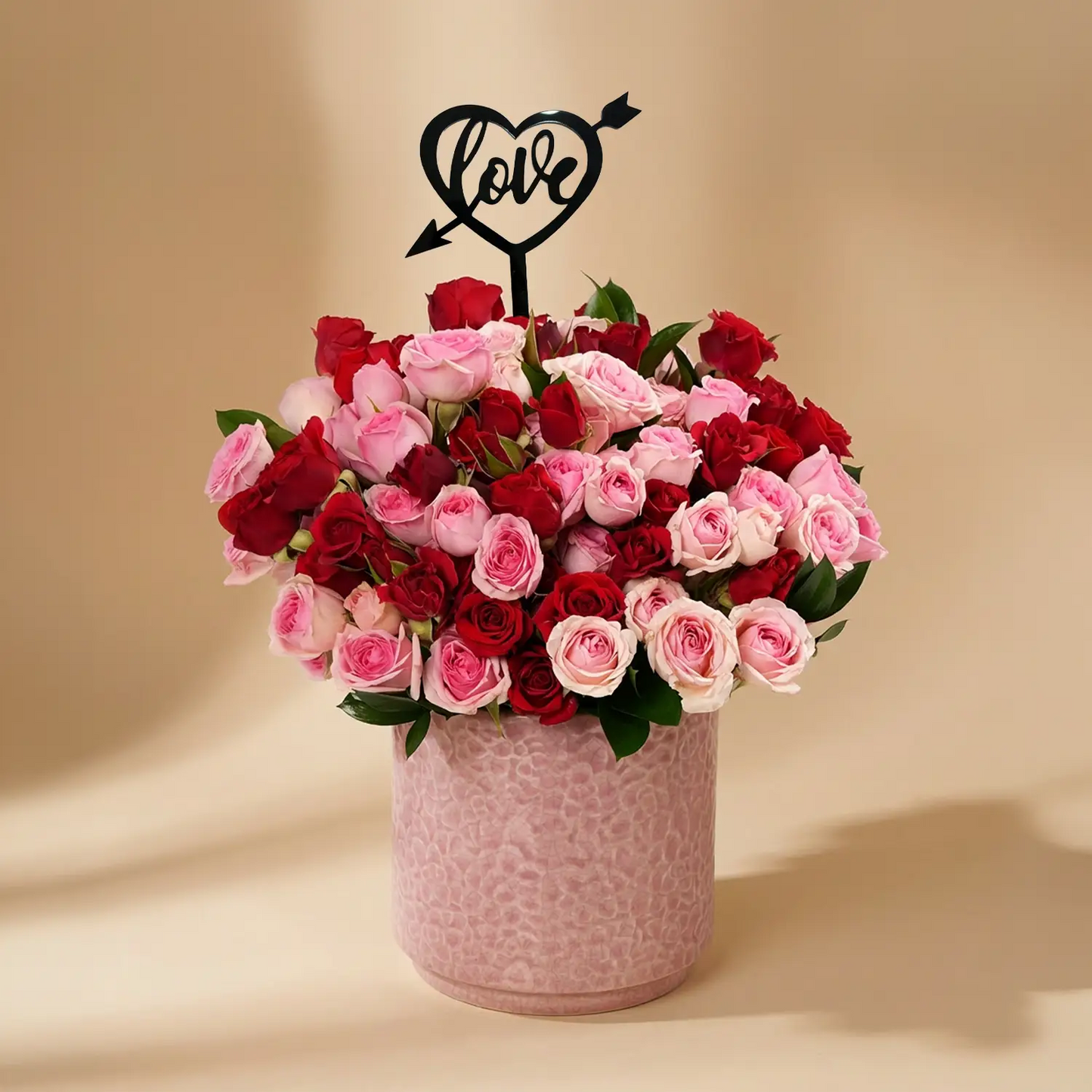 Sweet Embrace Red and Pink Spray Roses in Elegant Pink Vase
