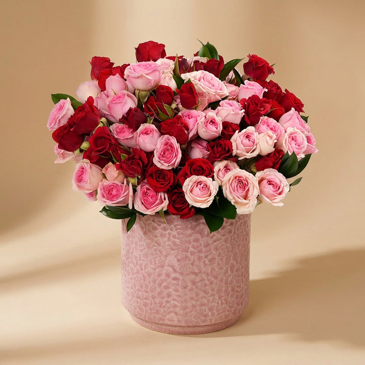 Sweet Embrace Red and Pink Spray Roses in Elegant Pink Vase