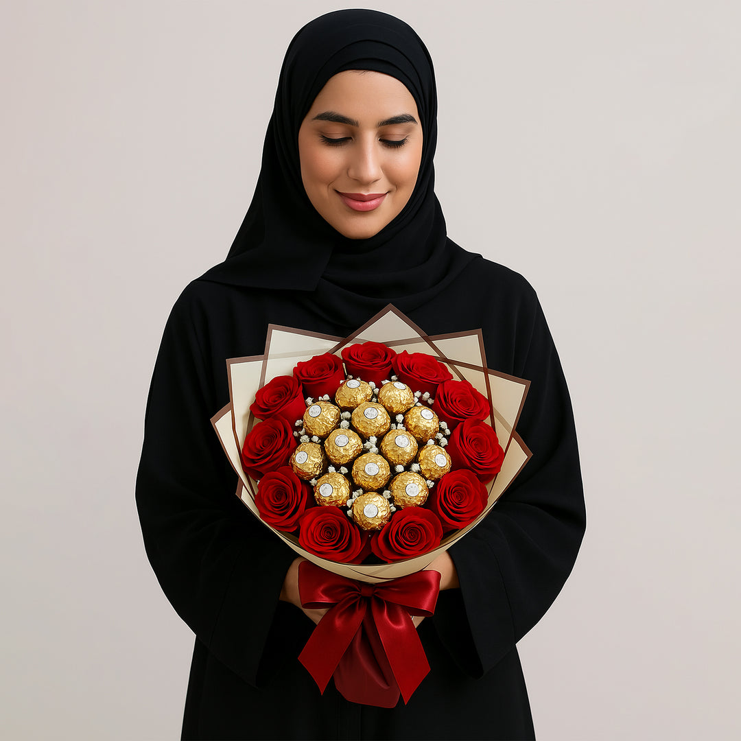 باقة ورود حمراء وشوكولاتة فيريرو روشيه – هدية الحب المثالية