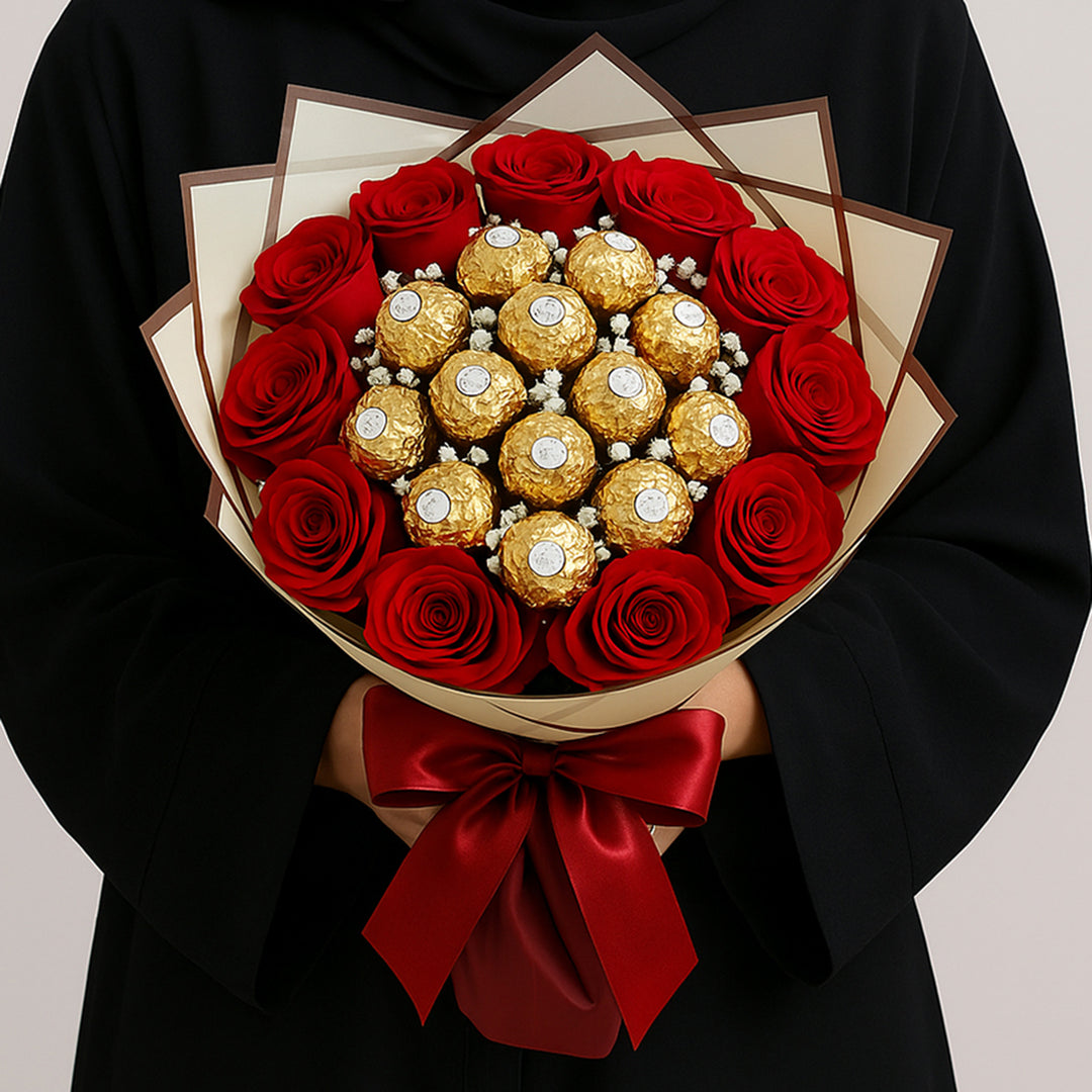 باقة ورود حمراء وشوكولاتة فيريرو روشيه – هدية الحب المثالية