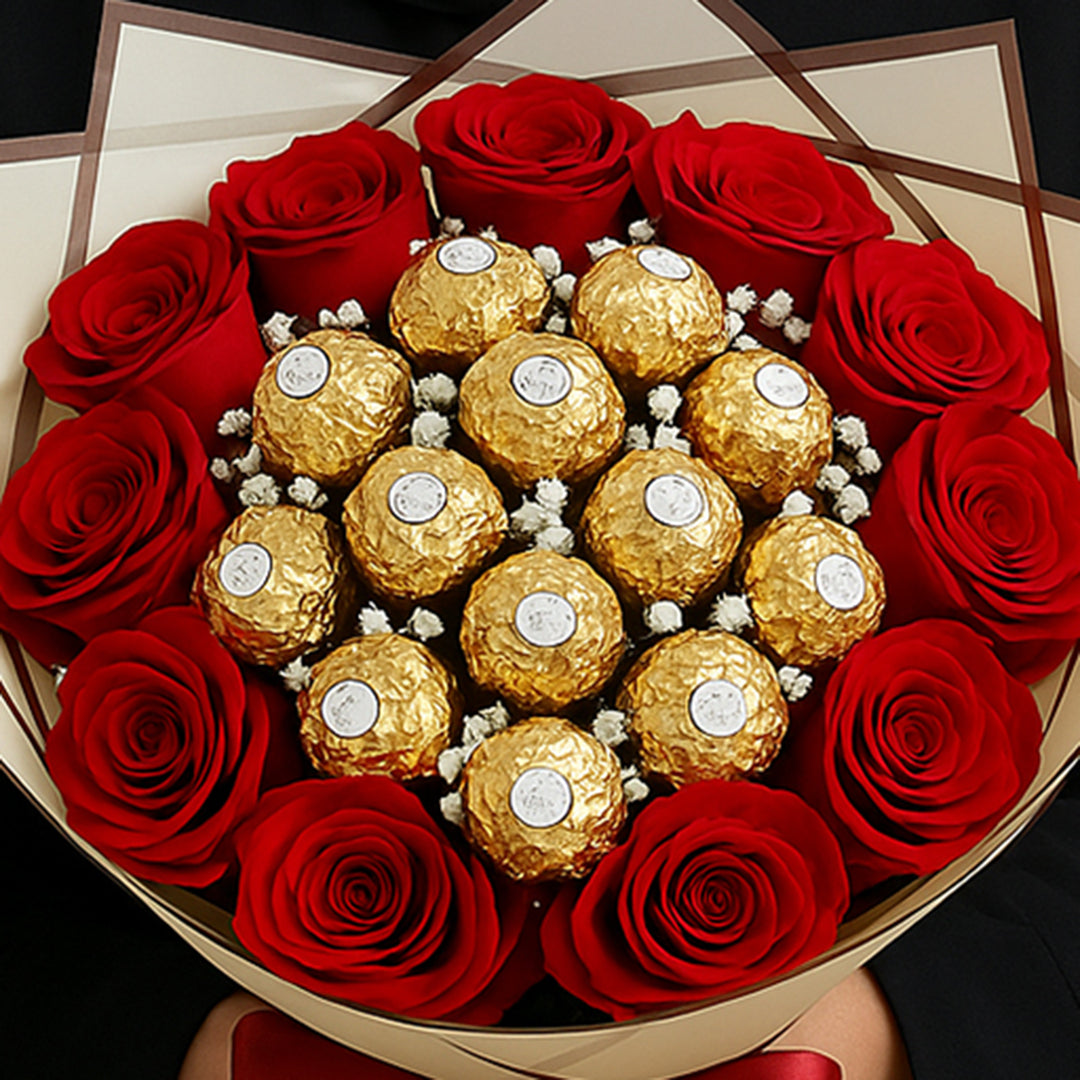 باقة ورود حمراء وشوكولاتة فيريرو روشيه – هدية الحب المثالية