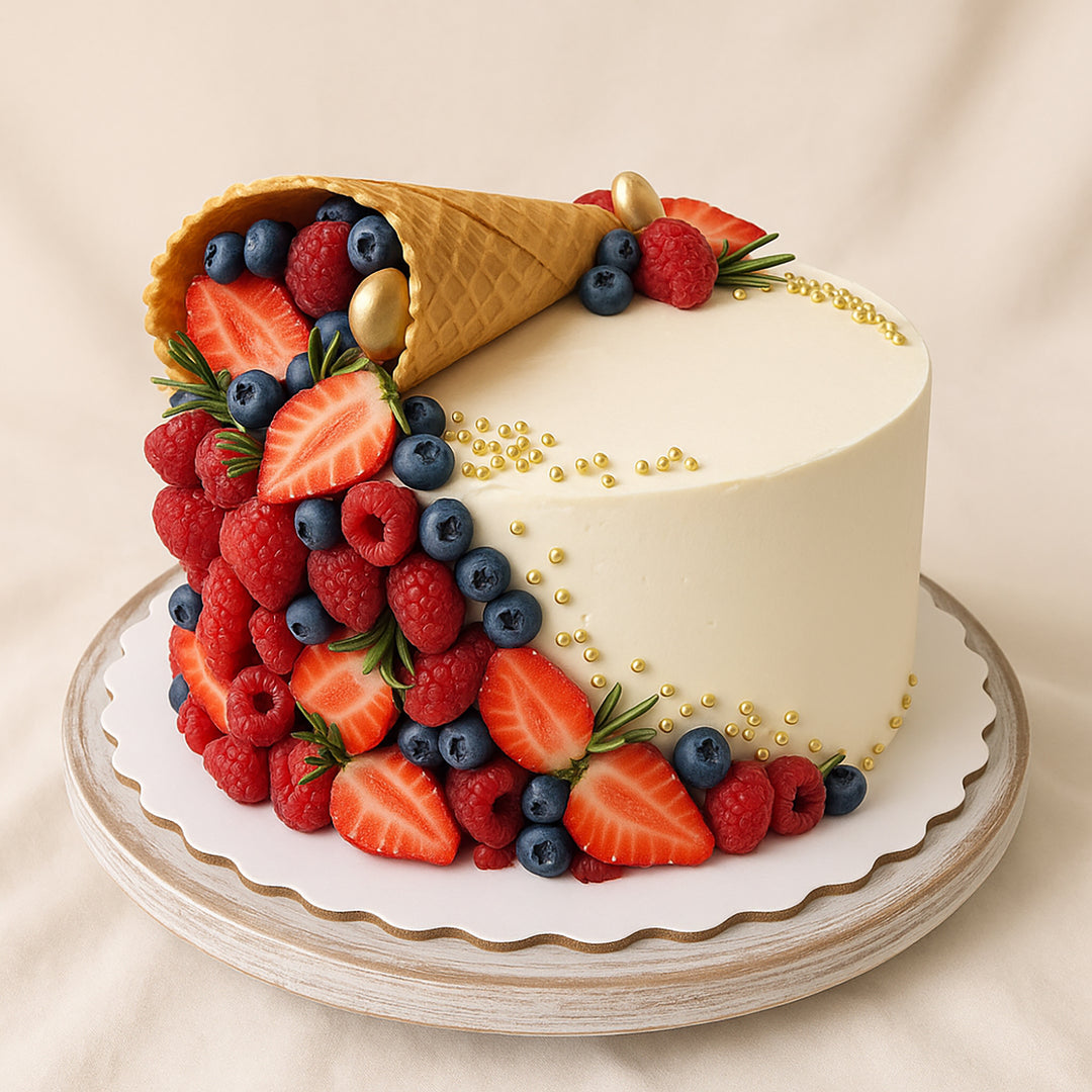 كيك الشوكولاتة المخروطي الفاخر مع التوت الطازج واللآلئ الذهبية