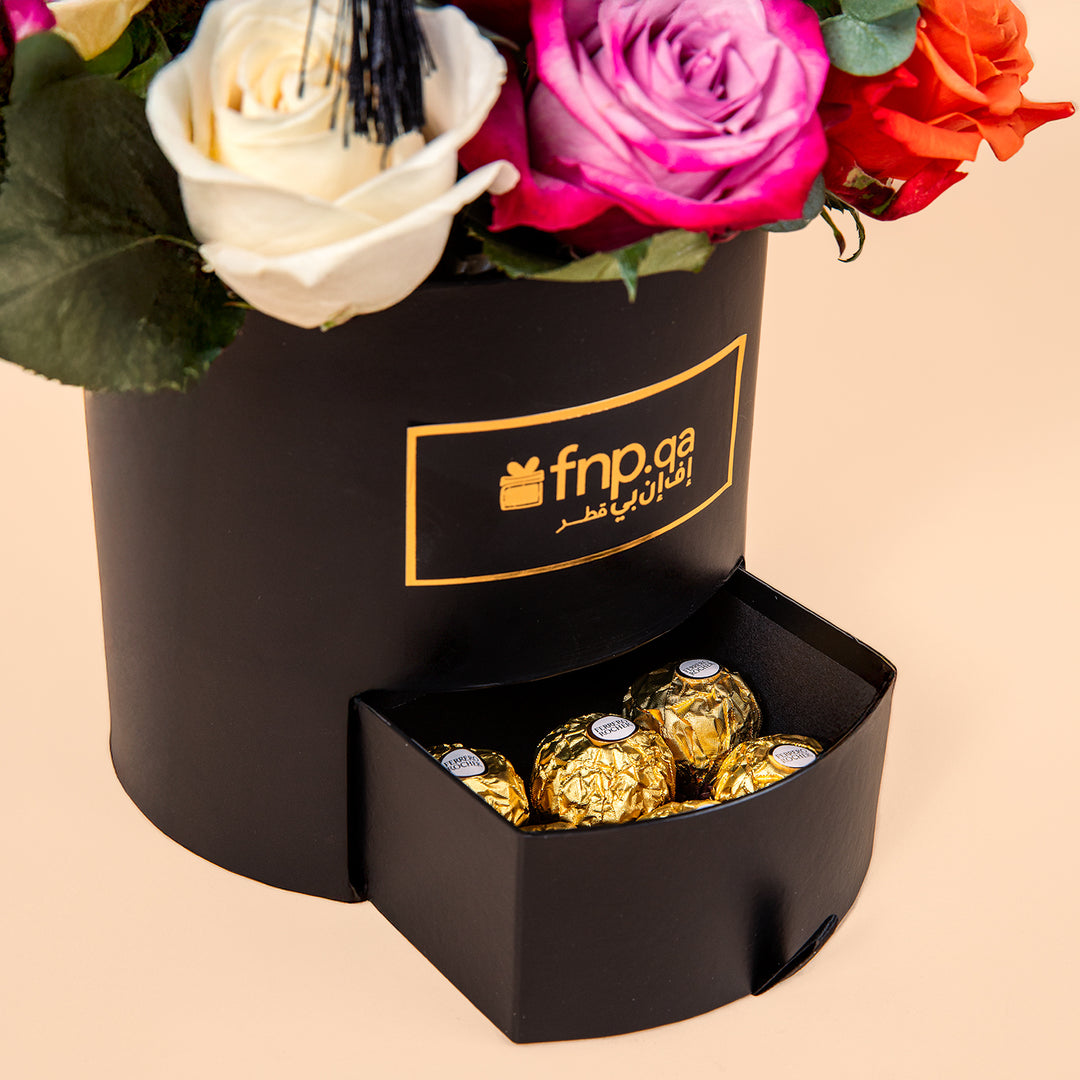 The Elegant Rainbow Rose Box with Ferrero Rocher